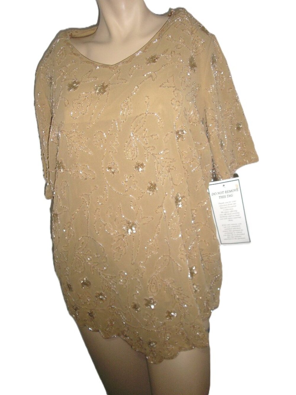 Roaman's Beaded & Sequin Tan Blouse Top, Size 18W NEW NWT